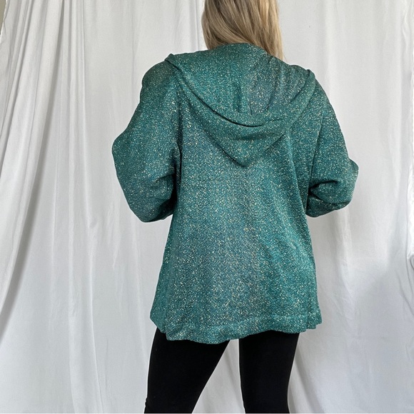 Vintage Teal Sparkly Button Up Jacket Hoodie with Shoulder Pads - Picture 3 of 12